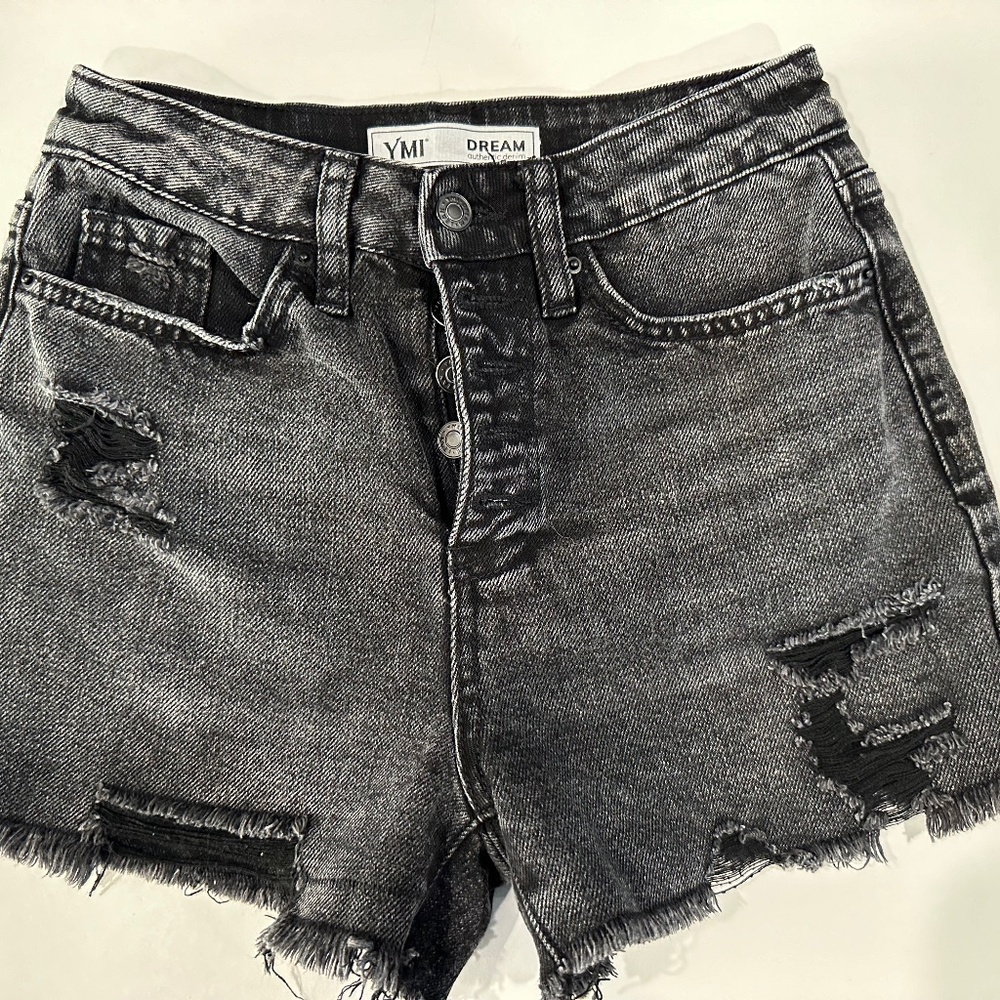 YMI Black Denim Shorts Button Front Distressed Frayed Hem -‎ Size 25.